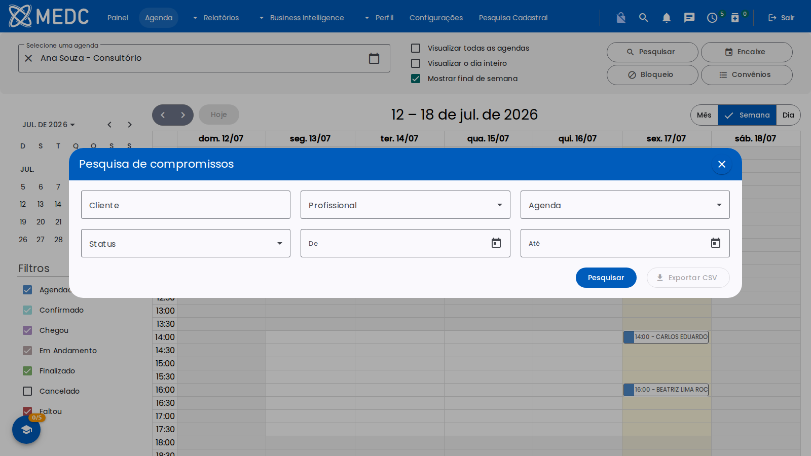 Pesquisa de compromissos por cliente, profissional, status e período, com exportar CSV