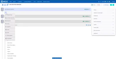 Tela completa do MEDC no prontuário da paciente Ana Beatriz Menezes, com o menu aberto na opção Assistente Virtual.