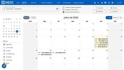 Visão mês da agenda, com o panorama de ocupação do mês inteiro