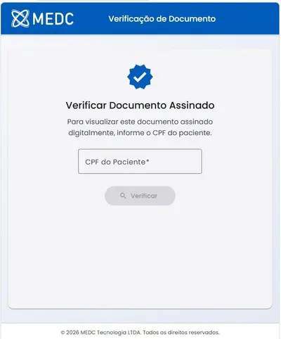 Tela de verificação do MEDC com campo para informar o CPF do paciente e botão Verificar