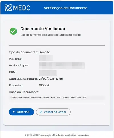 Resultado da verificação: Documento Verificado, com assinante, CRM, data, provedor VIDaaS e hash criptográfico