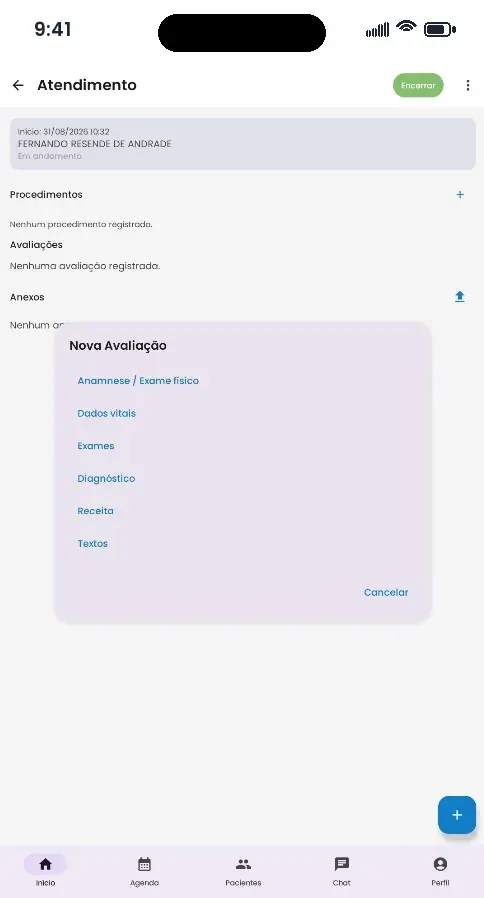 Menu Nova Avaliação do MEDC no celular, com as opções anamnese e exame físico, dados vitais, exames, diagnóstico, receita e textos