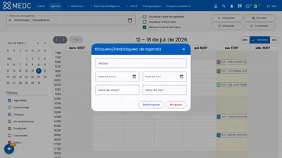 Janela de bloqueio e desbloqueio de agenda, com motivo, datas e horas