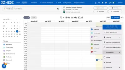 Menu do agendamento aberto no submenu de alterar status, com os sete status coloridos