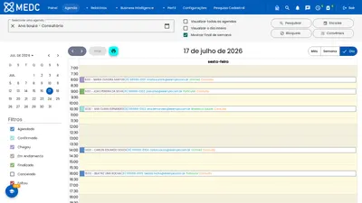 Visão dia da agenda, com um paciente por linha