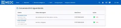 Lista de conversas da Aiva aguardando atendimento humano, com nome do paciente, última mensagem e data