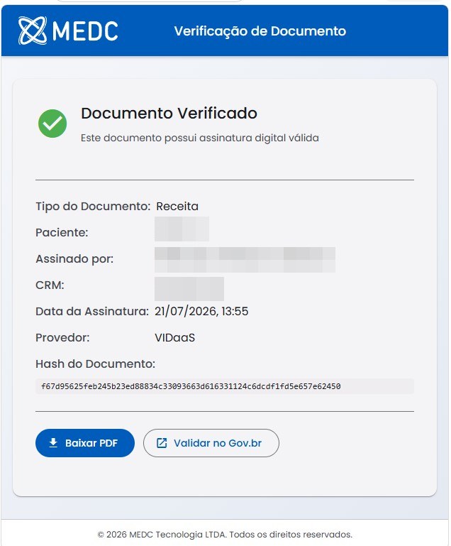Resultado da verificação: Documento Verificado, com assinante, CRM, data, provedor VIDaaS e hash criptográfico